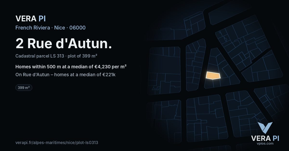 2 Rue d'Autun, Nice at night – the plot lit, the parcels around coloured by the prices near them