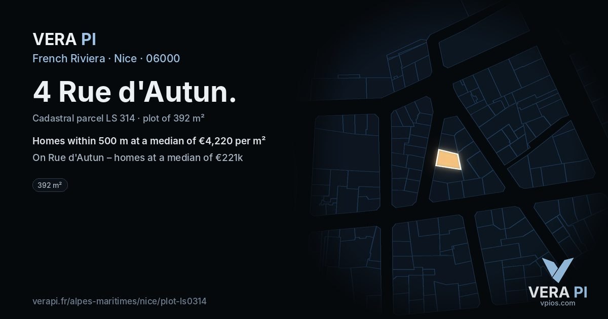4 Rue d'Autun, Nice at night – the plot lit, the parcels around coloured by the prices near them