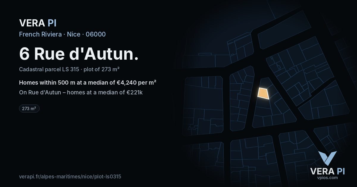 6 Rue d'Autun, Nice at night – the plot lit, the parcels around coloured by the prices near them