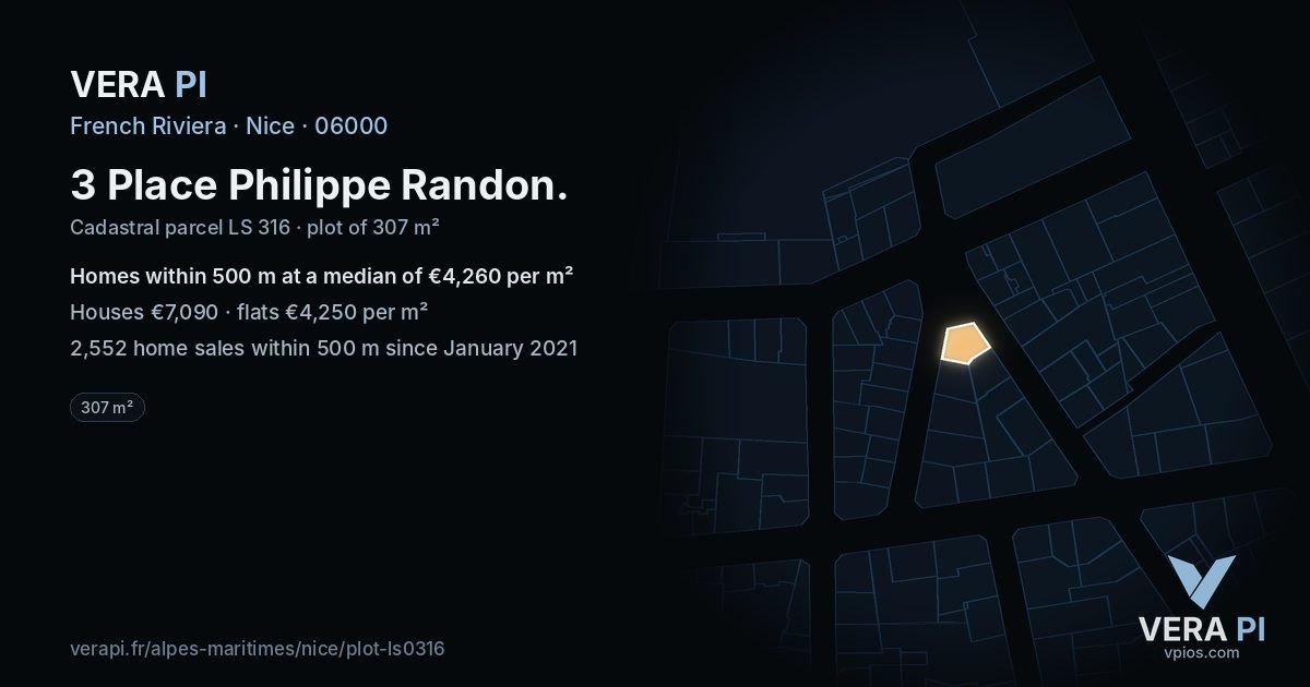 3 Place Philippe Randon, Nice at night – the plot lit, the parcels around coloured by the prices near them