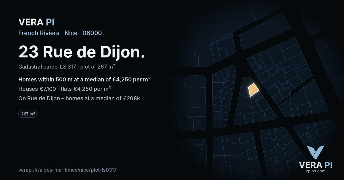 23 Rue de Dijon, Nice at night – the plot lit, the parcels around coloured by the prices near them