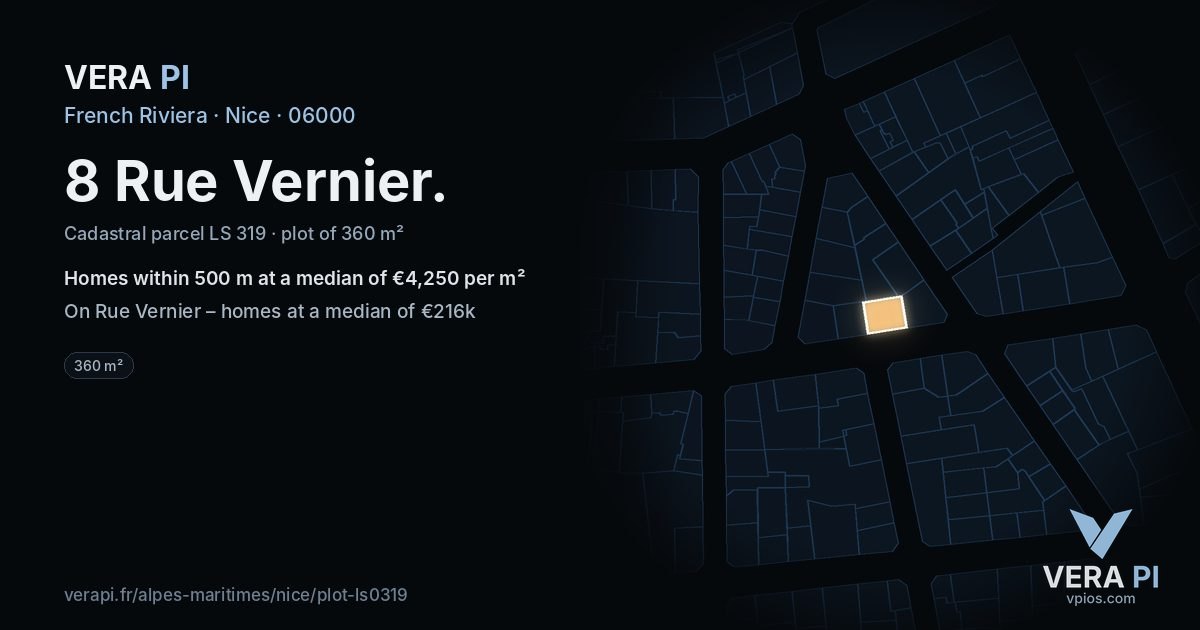 8 Rue Vernier, Nice at night – the plot lit, the parcels around coloured by the prices near them