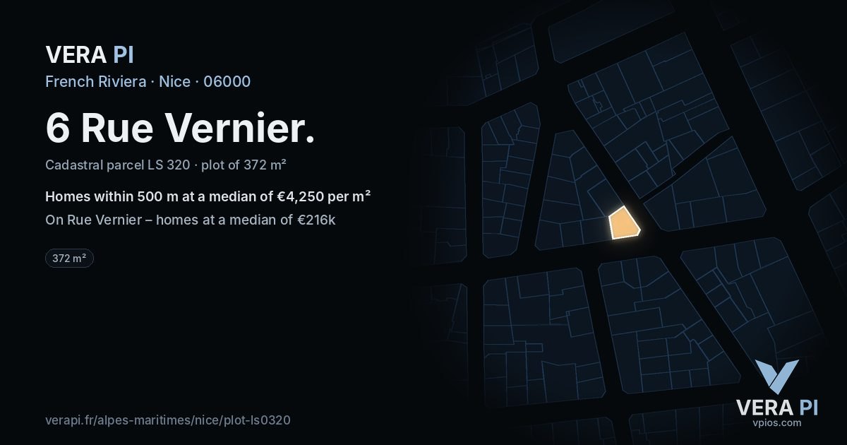 6 Rue Vernier, Nice at night – the plot lit, the parcels around coloured by the prices near them