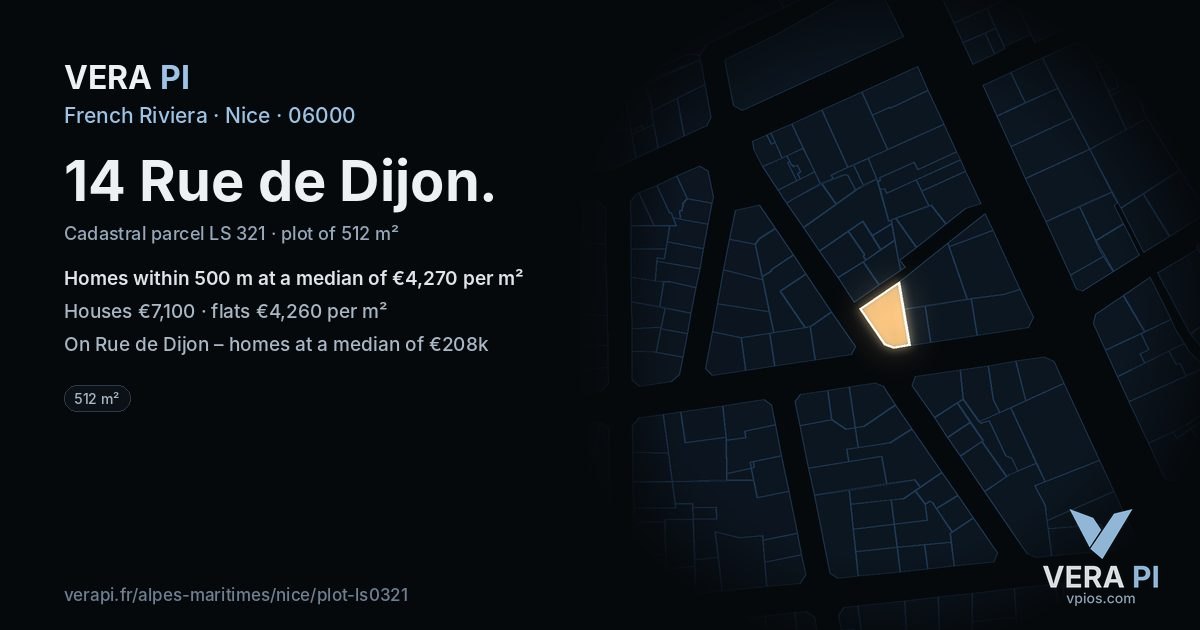 14 Rue de Dijon, Nice at night – the plot lit, the parcels around coloured by the prices near them