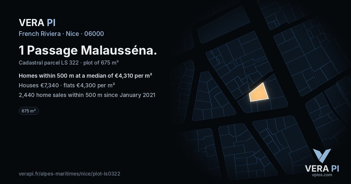 1 Passage Malausséna, Nice at night – the plot lit, the parcels around coloured by the prices near them