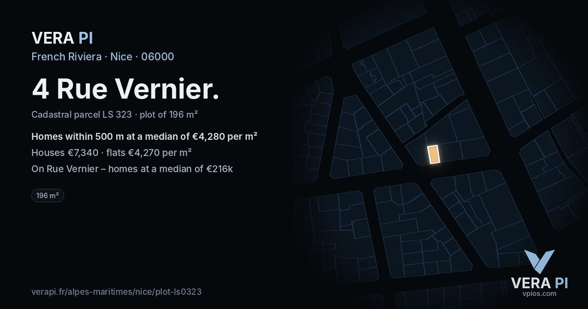 4 Rue Vernier, Nice at night – the plot lit, the parcels around coloured by the prices near them