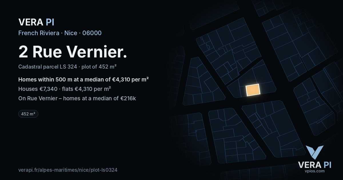 2 Rue Vernier, Nice at night – the plot lit, the parcels around coloured by the prices near them