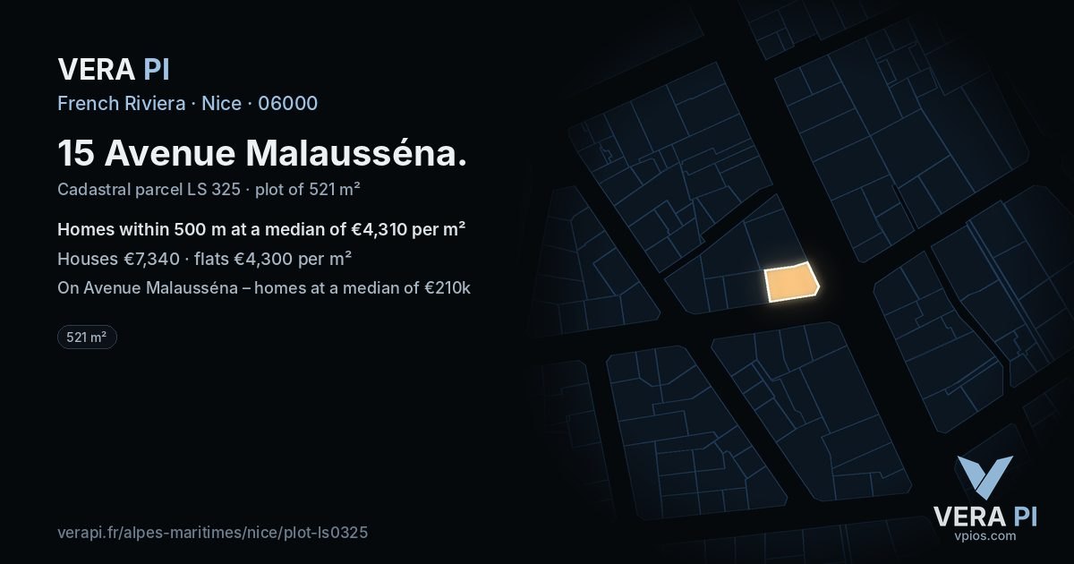 15 Avenue Malausséna, Nice at night – the plot lit, the parcels around coloured by the prices near them