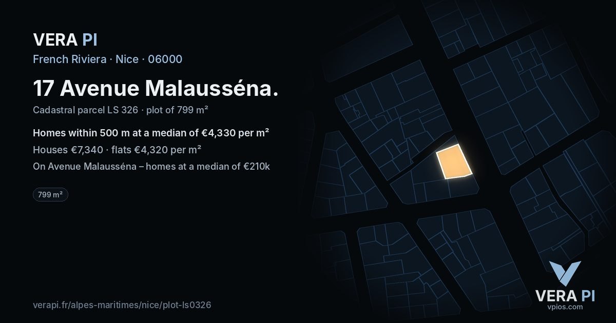 17 Avenue Malausséna, Nice at night – the plot lit, the parcels around coloured by the prices near them