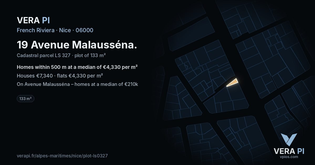 19 Avenue Malausséna, Nice at night – the plot lit, the parcels around coloured by the prices near them