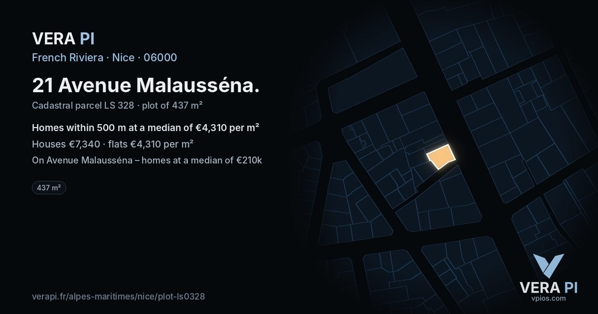 21 Avenue Malausséna, Nice at night – the plot lit, the parcels around coloured by the prices near them