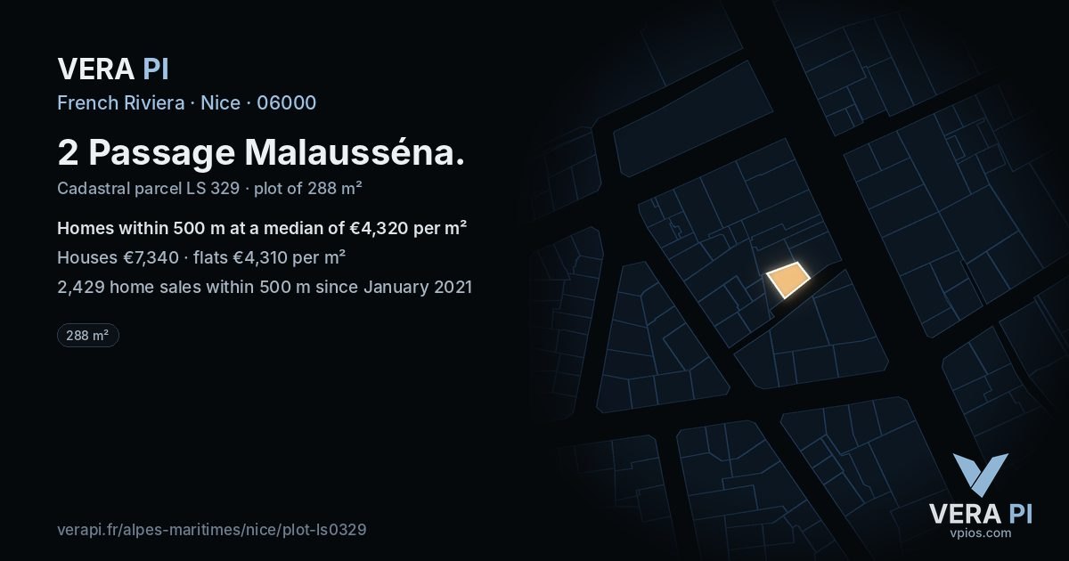 2 Passage Malausséna, Nice at night – the plot lit, the parcels around coloured by the prices near them
