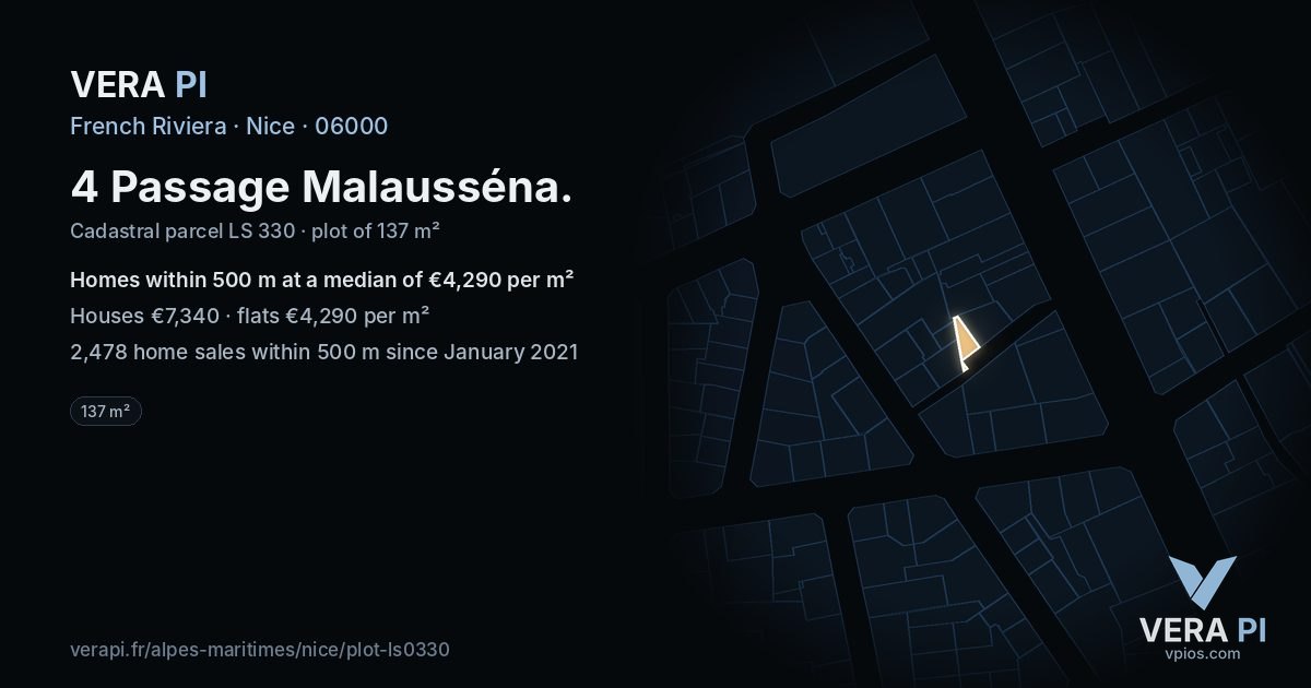 4 Passage Malausséna, Nice at night – the plot lit, the parcels around coloured by the prices near them