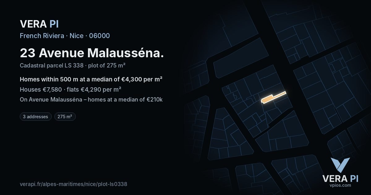 23 Avenue Malausséna, Nice at night – the plot lit, the parcels around coloured by the prices near them