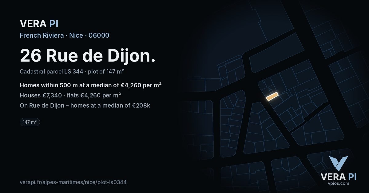 26 Rue de Dijon, Nice at night – the plot lit, the parcels around coloured by the prices near them