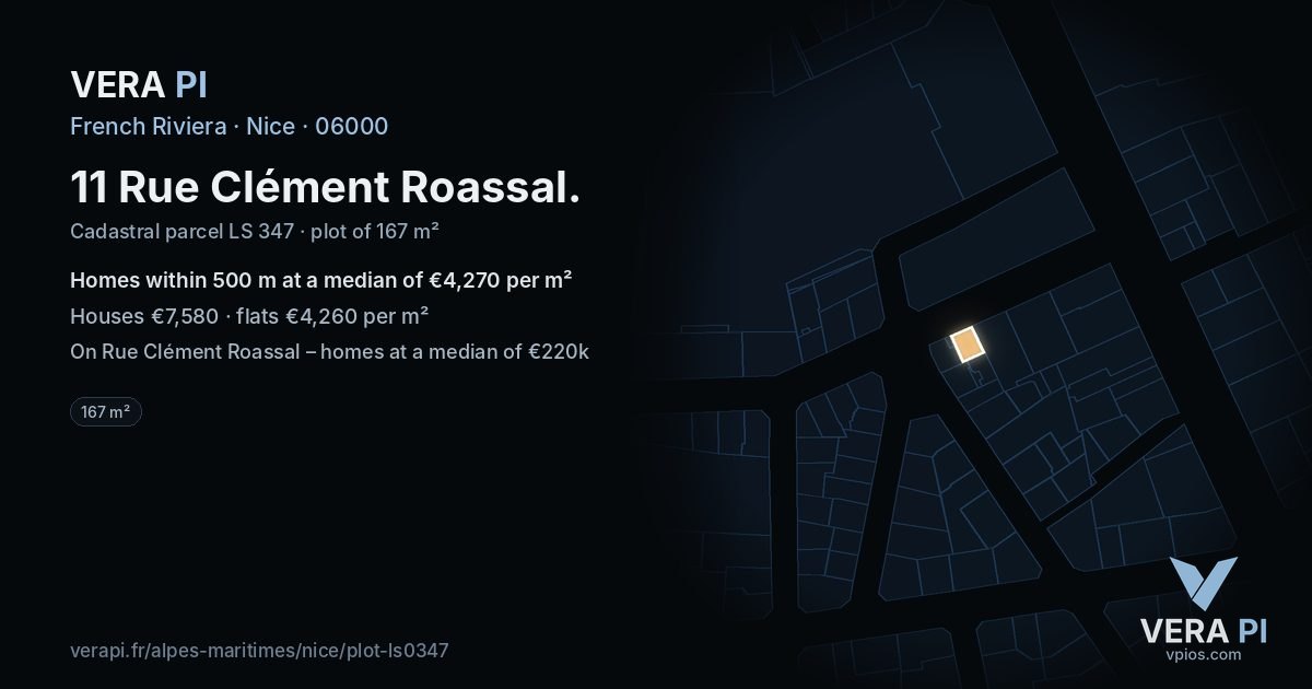 11 Rue Clément Roassal, Nice at night – the plot lit, the parcels around coloured by the prices near them