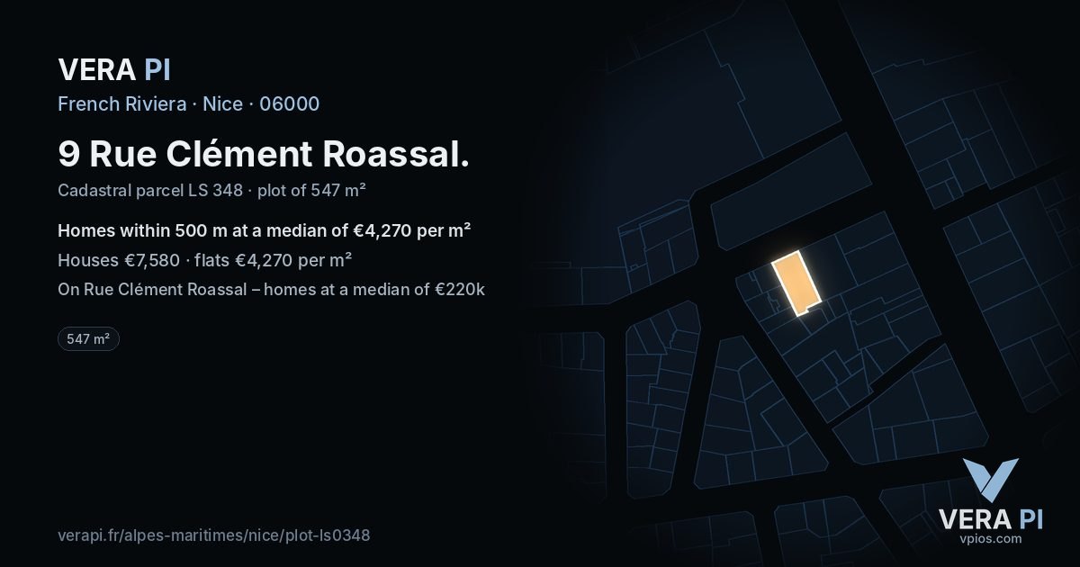 9 Rue Clément Roassal, Nice at night – the plot lit, the parcels around coloured by the prices near them