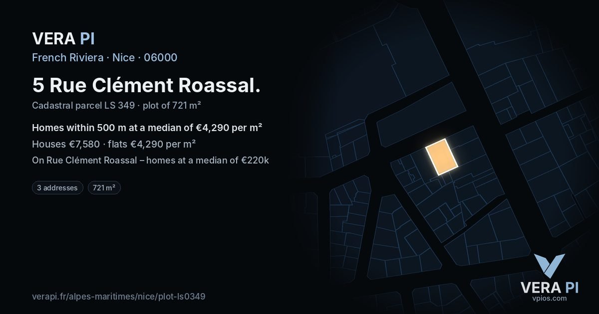 5 Rue Clément Roassal, Nice at night – the plot lit, the parcels around coloured by the prices near them