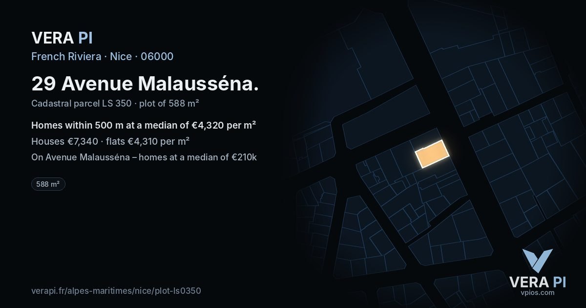 29 Avenue Malausséna, Nice at night – the plot lit, the parcels around coloured by the prices near them