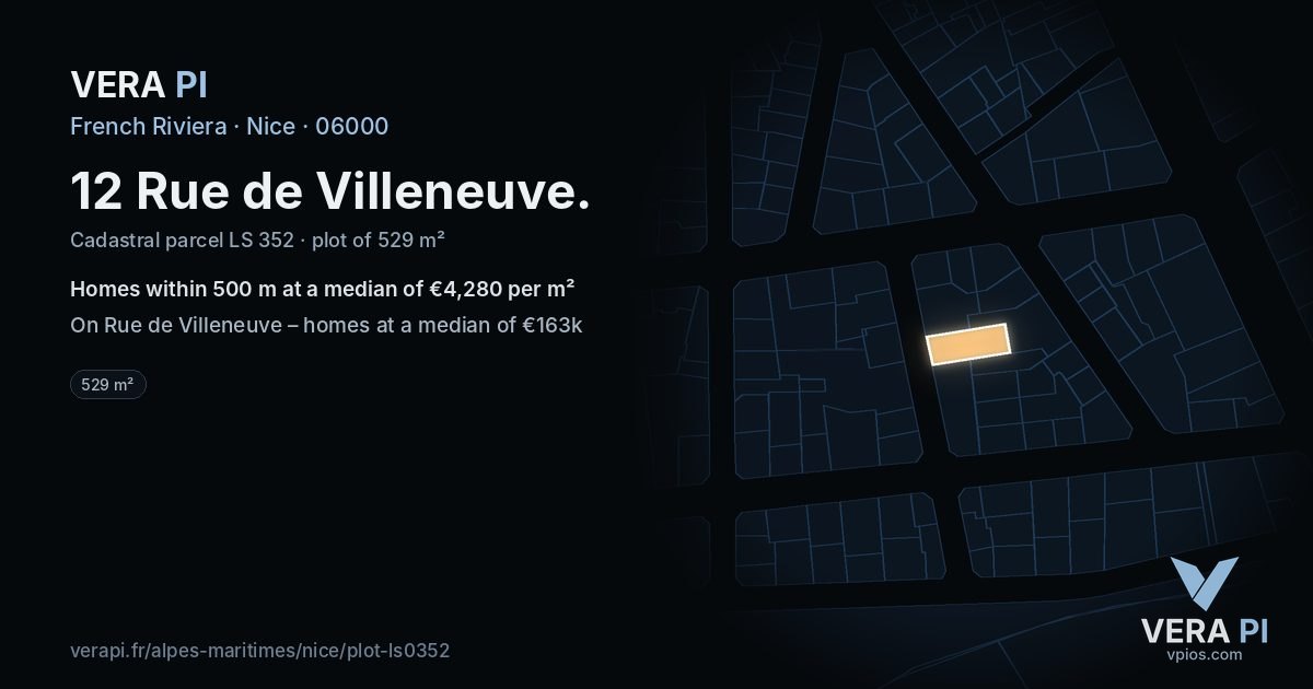 12 Rue de Villeneuve, Nice at night – the plot lit, the parcels around coloured by the prices near them