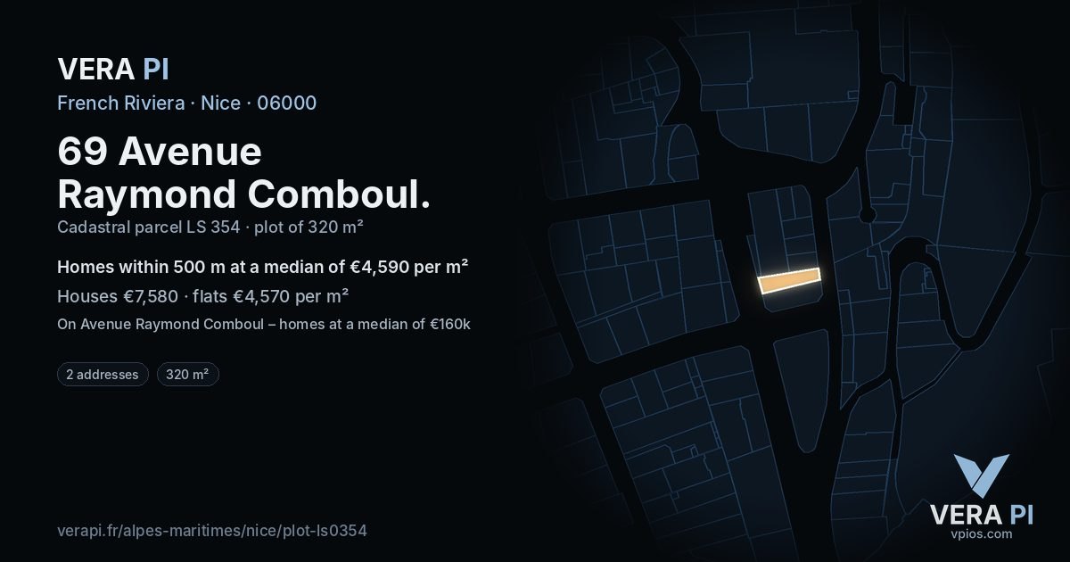 69 Avenue Raymond Comboul, Nice at night – the plot lit, the parcels around coloured by the prices near them