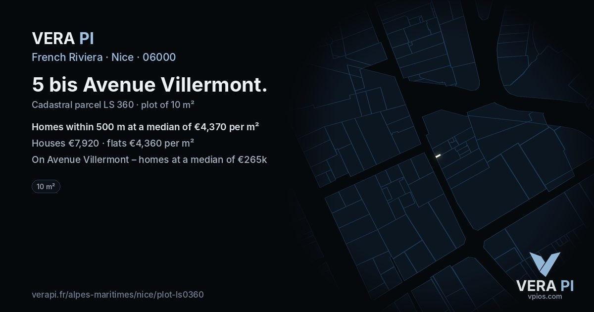 5 bis Avenue Villermont, Nice at night – the plot lit, the parcels around coloured by the prices near them