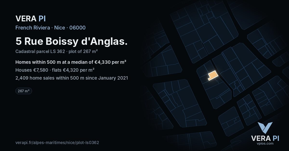 5 Rue Boissy d'Anglas, Nice at night – the plot lit, the parcels around coloured by the prices near them
