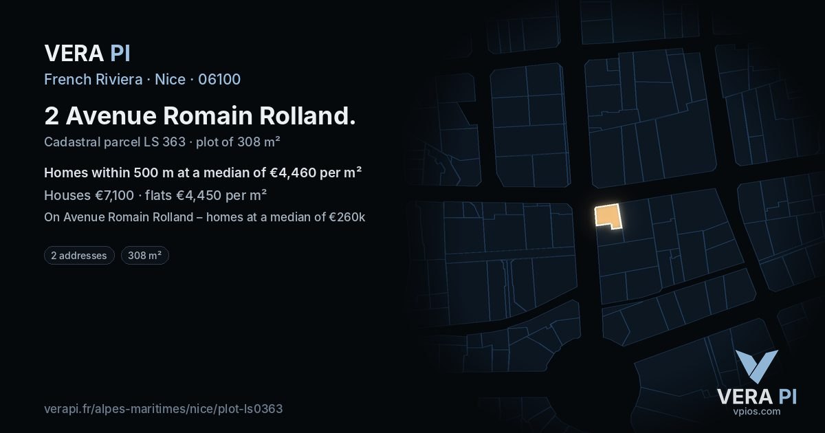 2 Avenue Romain Rolland, Nice at night – the plot lit, the parcels around coloured by the prices near them