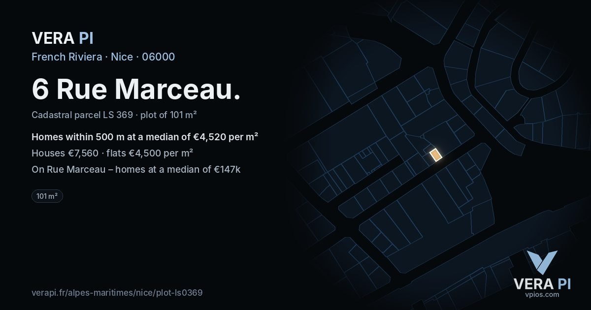 6 Rue Marceau, Nice at night – the plot lit, the parcels around coloured by the prices near them