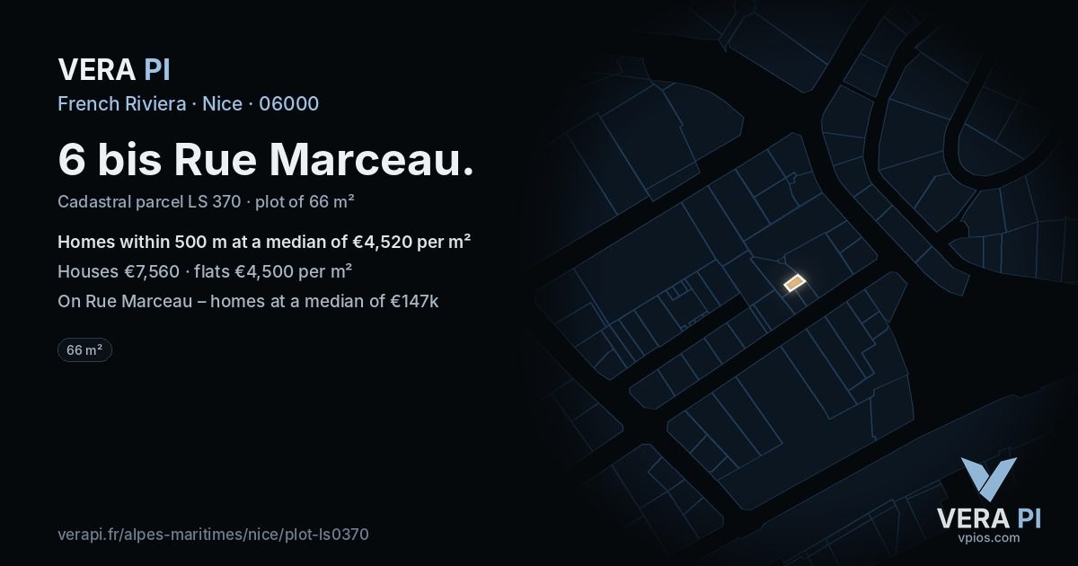 6 bis Rue Marceau, Nice at night – the plot lit, the parcels around coloured by the prices near them