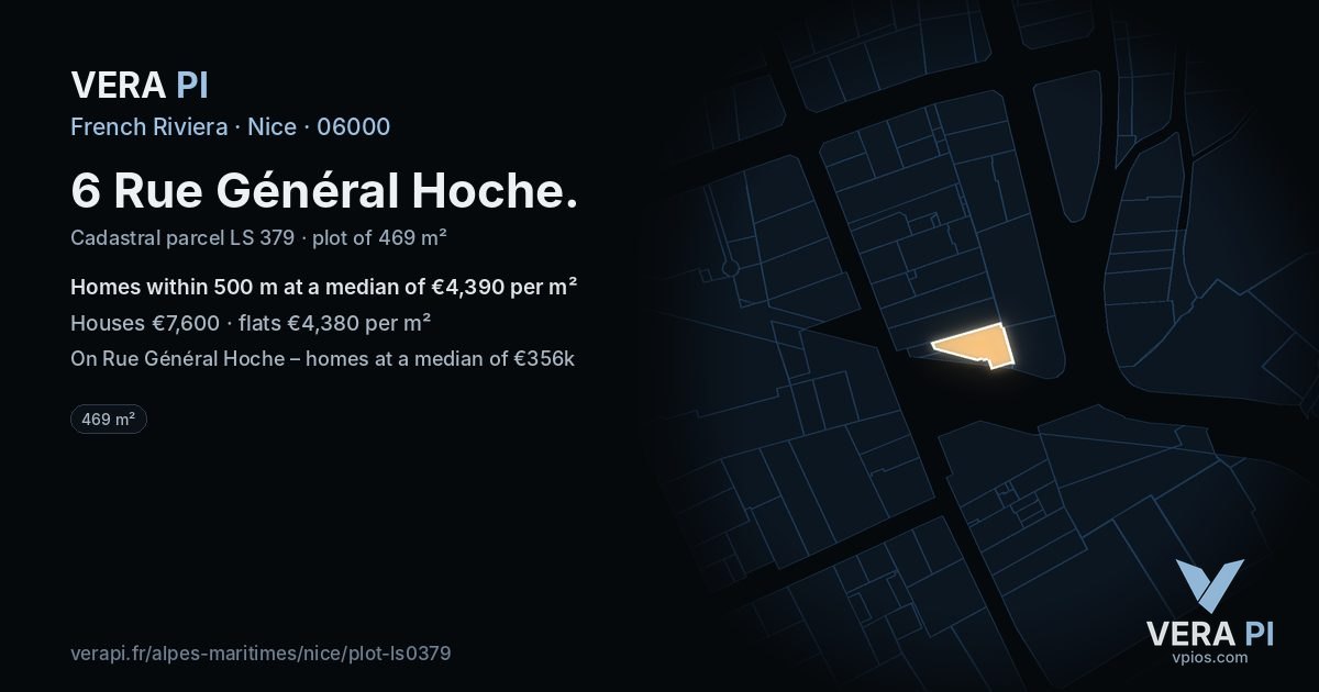 6 Rue Général Hoche, Nice at night – the plot lit, the parcels around coloured by the prices near them