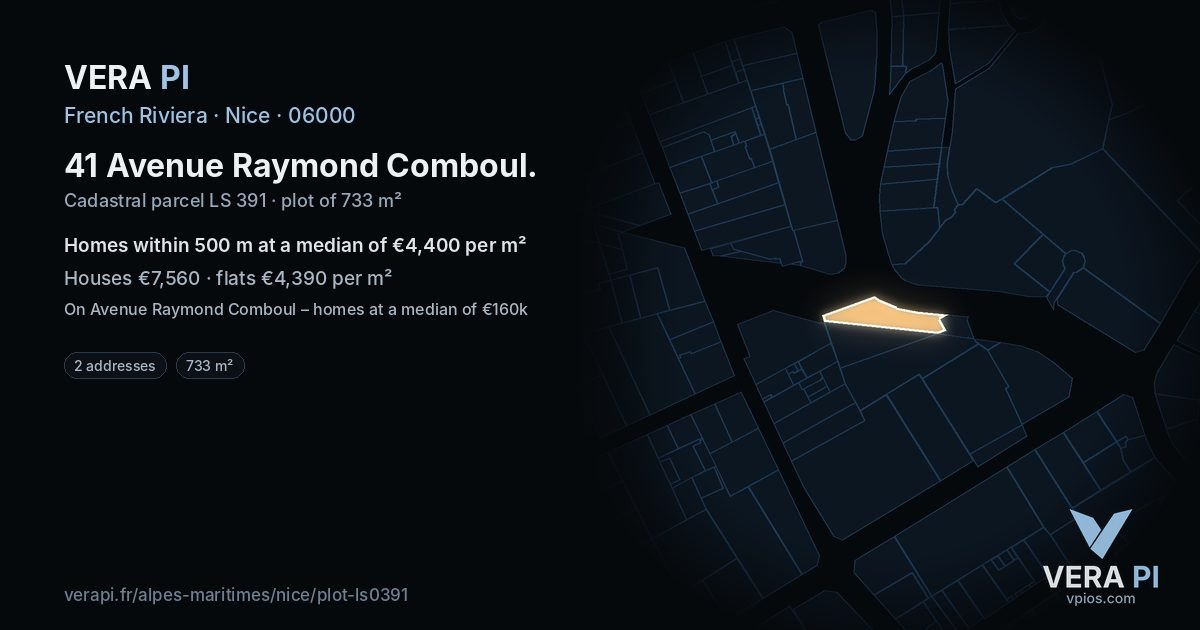 41 Avenue Raymond Comboul, Nice at night – the plot lit, the parcels around coloured by the prices near them