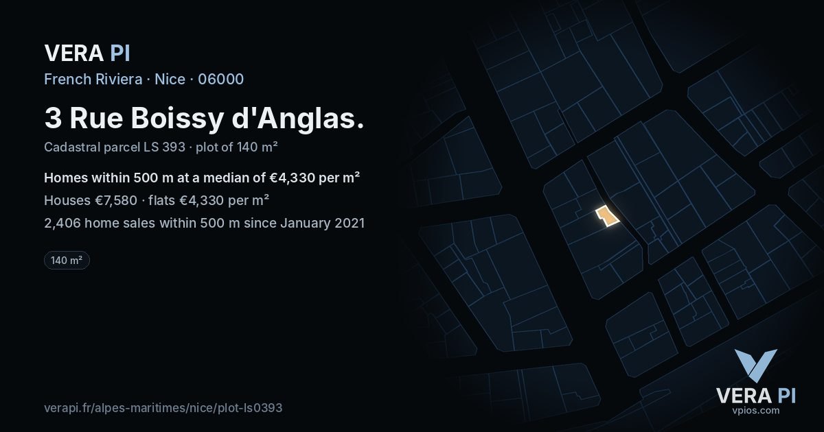 3 Rue Boissy d'Anglas, Nice at night – the plot lit, the parcels around coloured by the prices near them