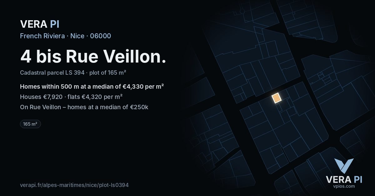 4 bis Rue Veillon, Nice at night – the plot lit, the parcels around coloured by the prices near them