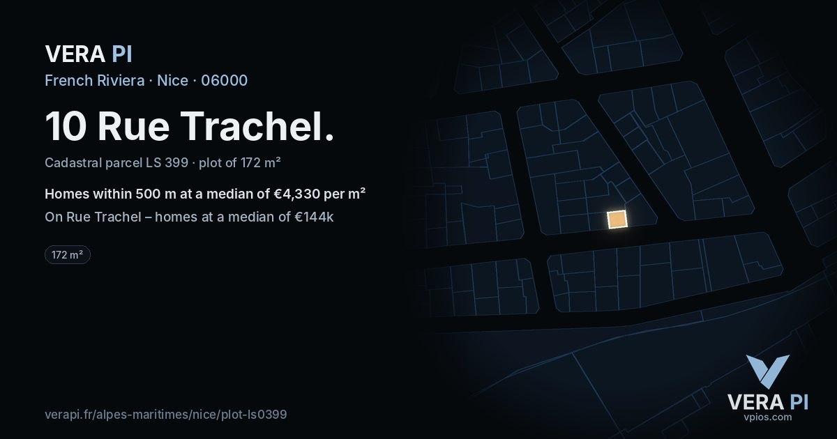 10 Rue Trachel, Nice at night – the plot lit, the parcels around coloured by the prices near them