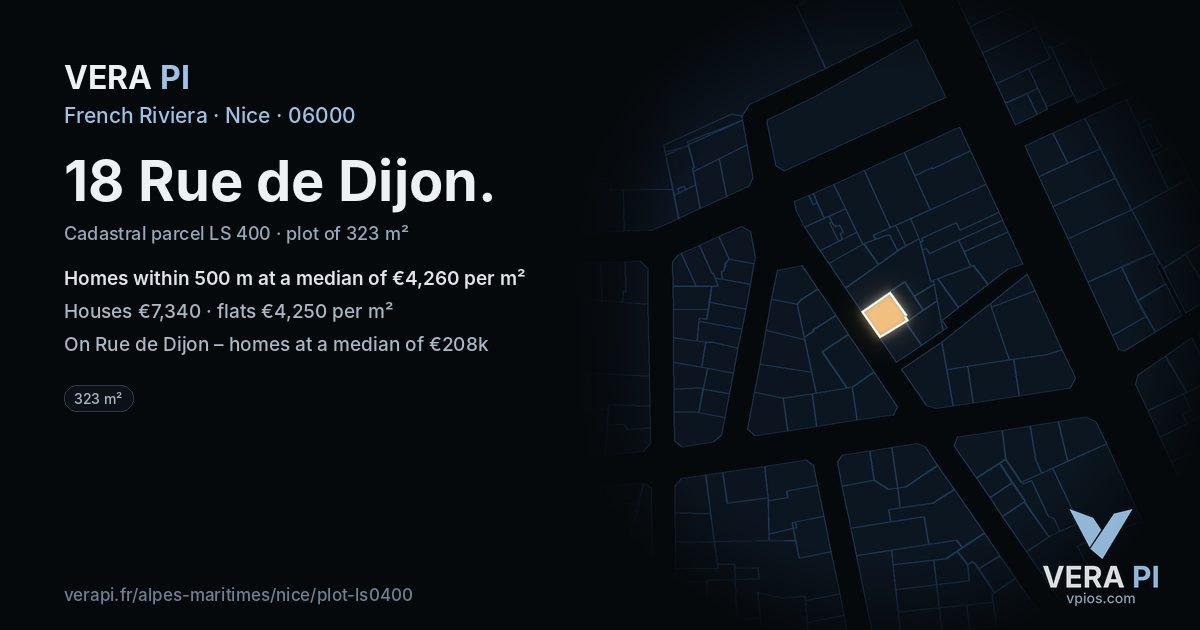 18 Rue de Dijon, Nice at night – the plot lit, the parcels around coloured by the prices near them
