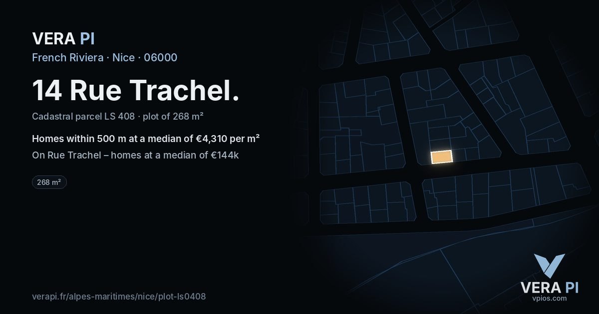 14 Rue Trachel, Nice at night – the plot lit, the parcels around coloured by the prices near them