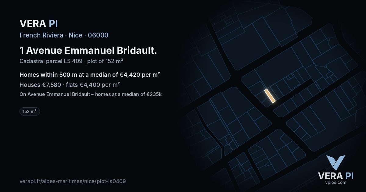 1 Avenue Emmanuel Bridault, Nice at night – the plot lit, the parcels around coloured by the prices near them