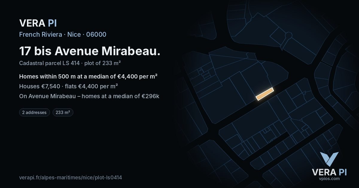 17 bis Avenue Mirabeau, Nice at night – the plot lit, the parcels around coloured by the prices near them