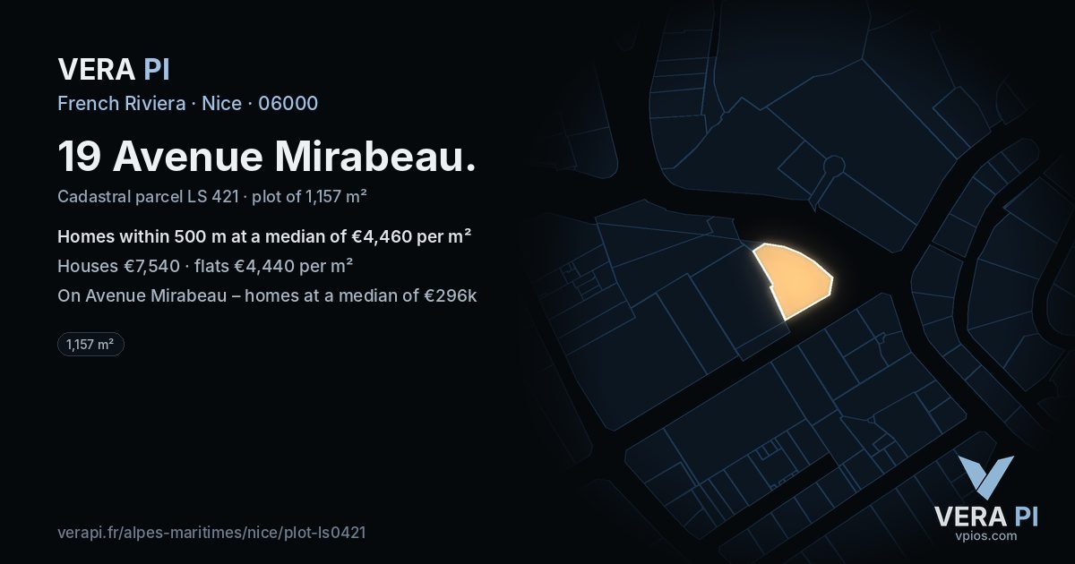 19 Avenue Mirabeau, Nice at night – the plot lit, the parcels around coloured by the prices near them