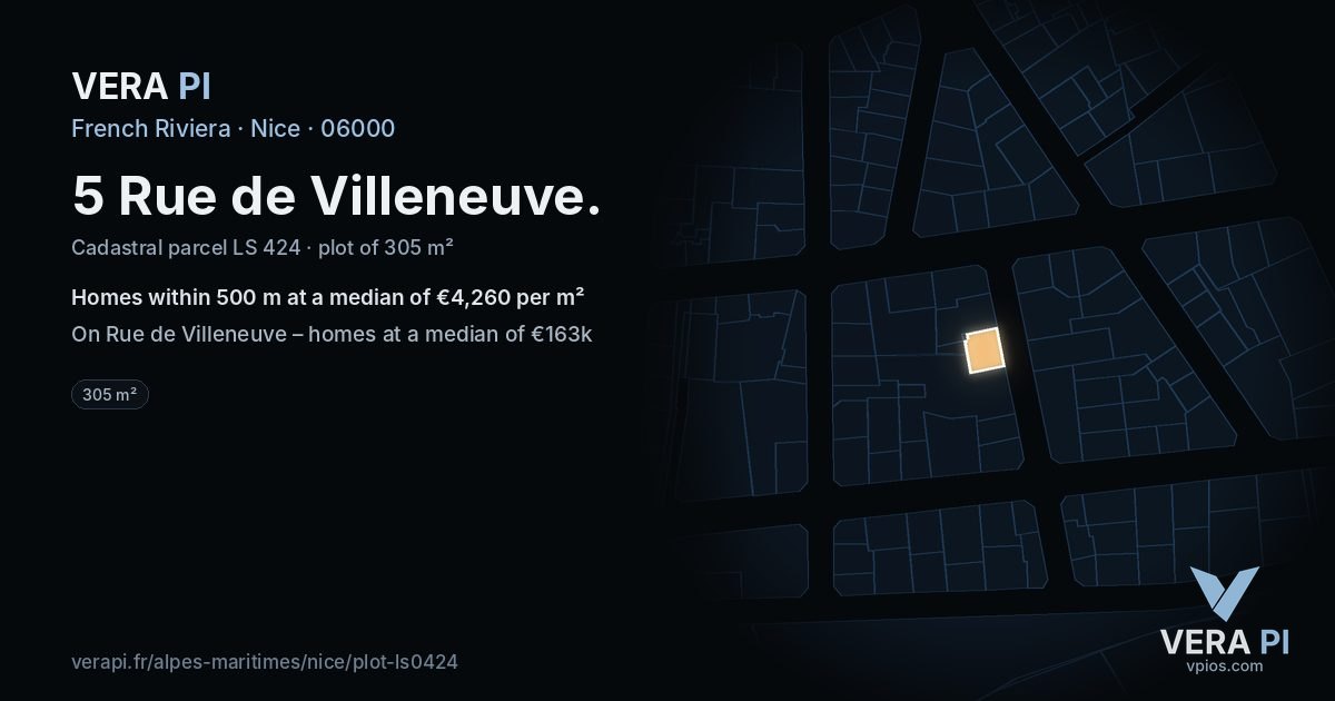 5 Rue de Villeneuve, Nice at night – the plot lit, the parcels around coloured by the prices near them