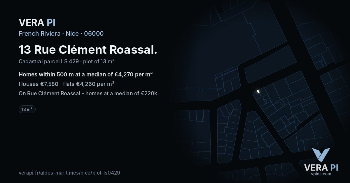 13 Rue Clément Roassal, Nice at night – the plot lit, the parcels around coloured by the prices near them