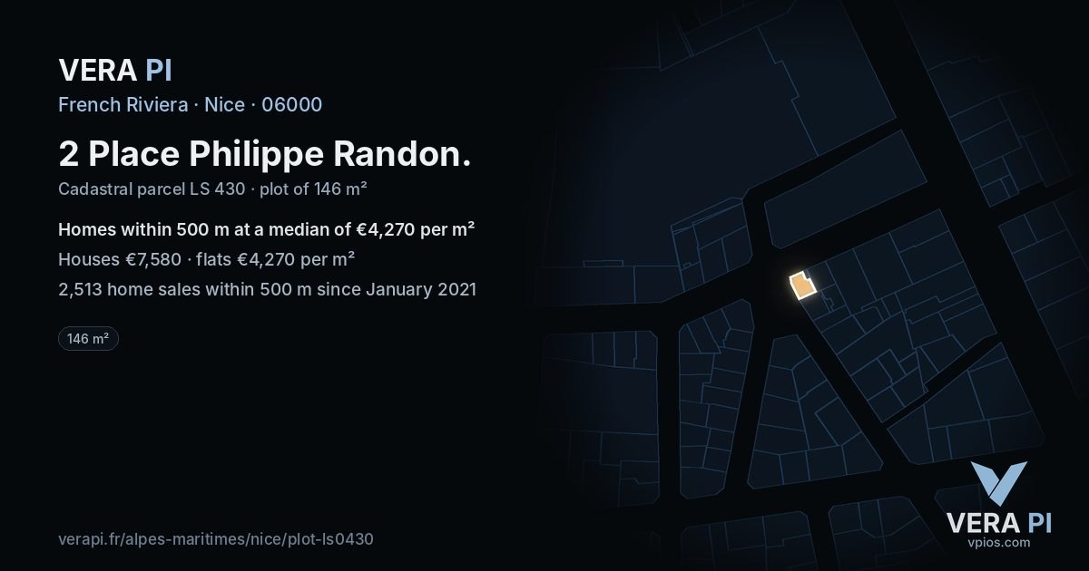 2 Place Philippe Randon, Nice at night – the plot lit, the parcels around coloured by the prices near them
