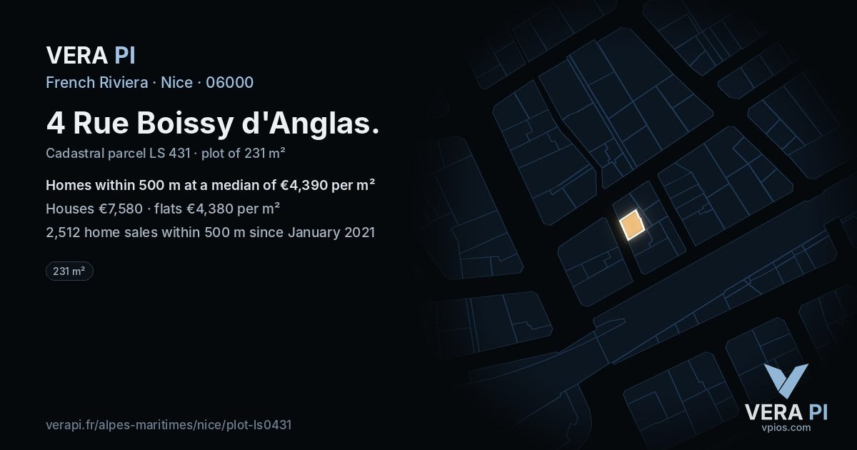 4 Rue Boissy d'Anglas, Nice at night – the plot lit, the parcels around coloured by the prices near them