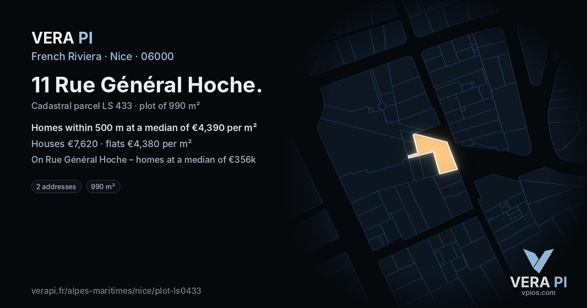 11 Rue Général Hoche, Nice at night – the plot lit, the parcels around coloured by the prices near them