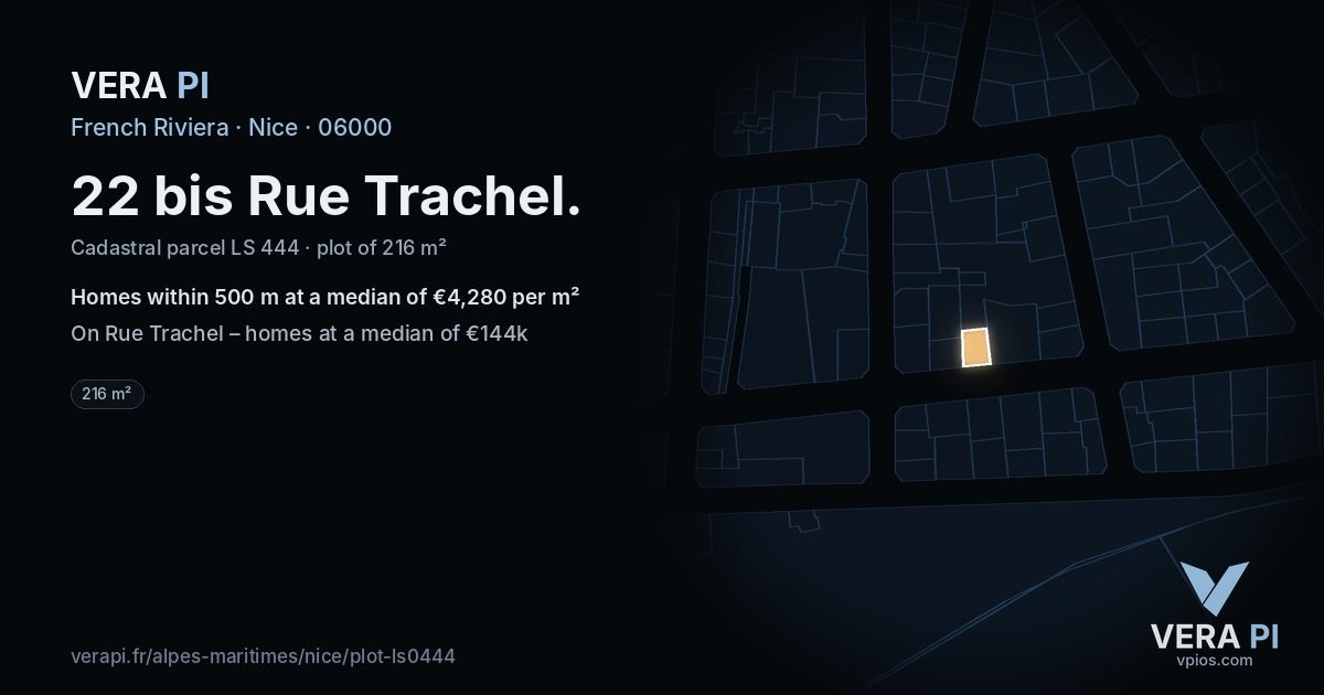 22 bis Rue Trachel, Nice at night – the plot lit, the parcels around coloured by the prices near them