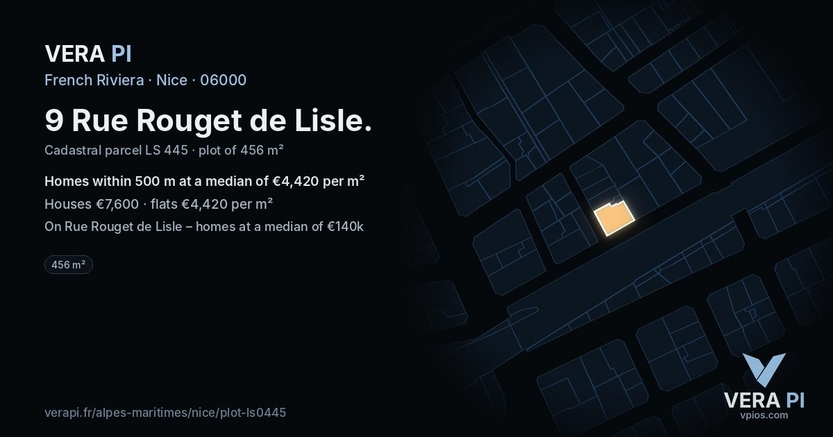 9 Rue Rouget de Lisle, Nice at night – the plot lit, the parcels around coloured by the prices near them