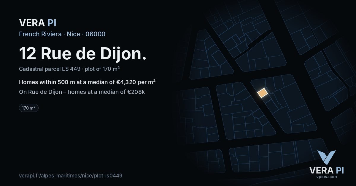 12 Rue de Dijon, Nice at night – the plot lit, the parcels around coloured by the prices near them
