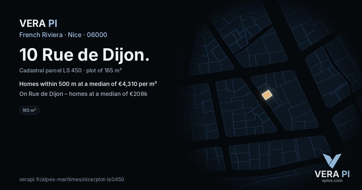 10 Rue de Dijon, Nice at night – the plot lit, the parcels around coloured by the prices near them