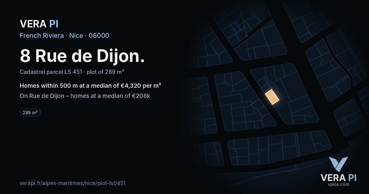 8 Rue de Dijon, Nice at night – the plot lit, the parcels around coloured by the prices near them